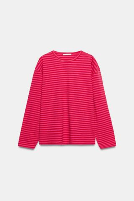 ZARA ФУТБОЛКА В ПОЛОСКУ ИЗ ХЛОПКА И ЛЬНА, РОЗОВЫЙ/ЛИЛОВЫЙ