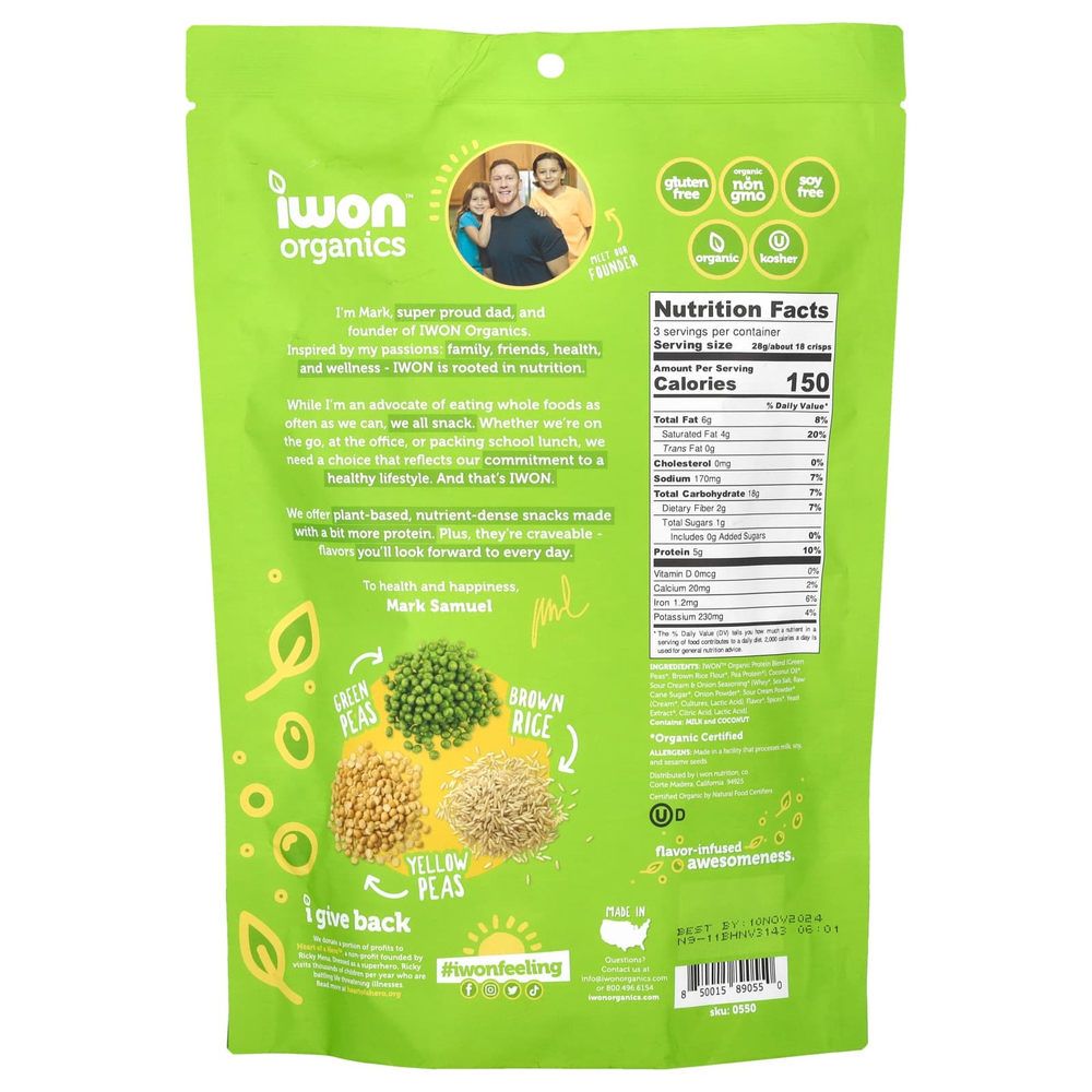 IWON Organics, Протеиновые чипсы, сметана и лук, 85 г (3 унции)