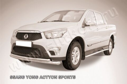 Защита переднего бампера (нержавейка) SsangYong Actyon Sport (2012-2016) d76+d57 радиусная