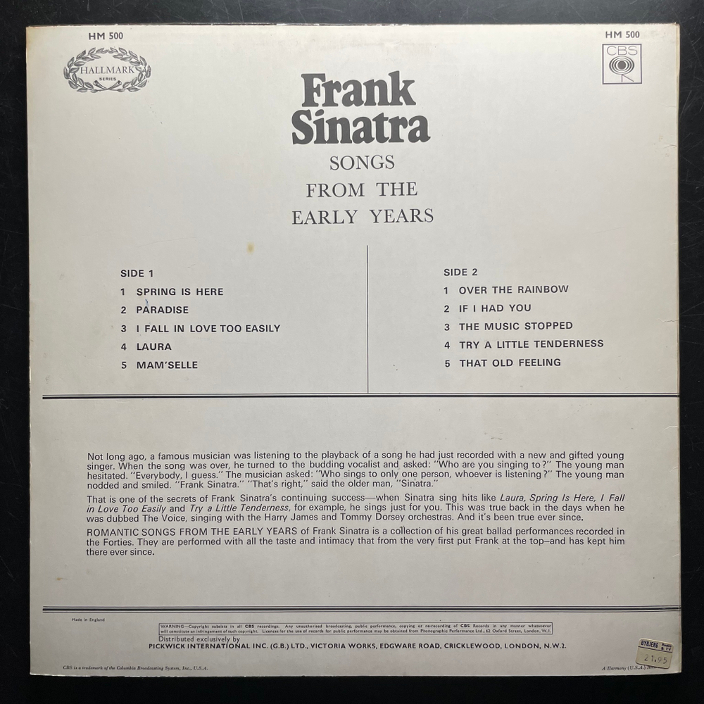 Frank Sinatra ‎– Romantic Songs From The Early Years (Англия 1967г.)