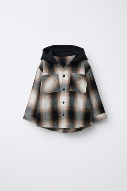 ZARA КУРТКА-РУБАШКА В КЛЕТКУ С КАПЮШОНОМ ИЗ МЯГКОЙ ТКАНИ, ЧЕРНЫЙ/КОРИЧНЕВЫЙ