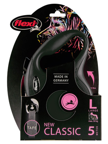 Поводок-рулетка Flexi New Classic L. Лента 5 м. для собак до 50 кг. Черный