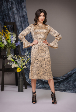 Платье шёлковое, юбка-годе бежевое с черным рисунком 04-02-22 SS