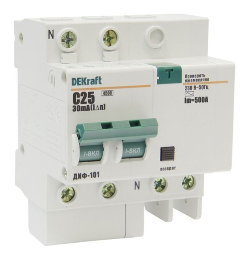 Диф. автомат ДИФ-101 4,5кА 2Р 25А 30мА тип AC х-ка С DEKraft