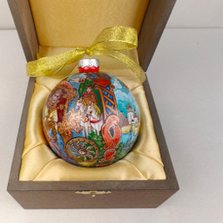 Шар новогодний с круговой росписью Палех "Золотой петушок" в футляре