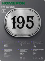 Номерок на дверь квартиры 195, для кабинета, офиса, шильдик 9 х 7 см, серебристый, Айдентика Технолоджи