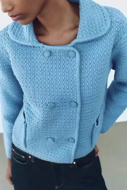 ZARA КАРДИГАН КРУПНОЙ ВЯЗКИ С КРУГЛЫМ ВОРОТНИКОМ, ГОЛУБОЙ
