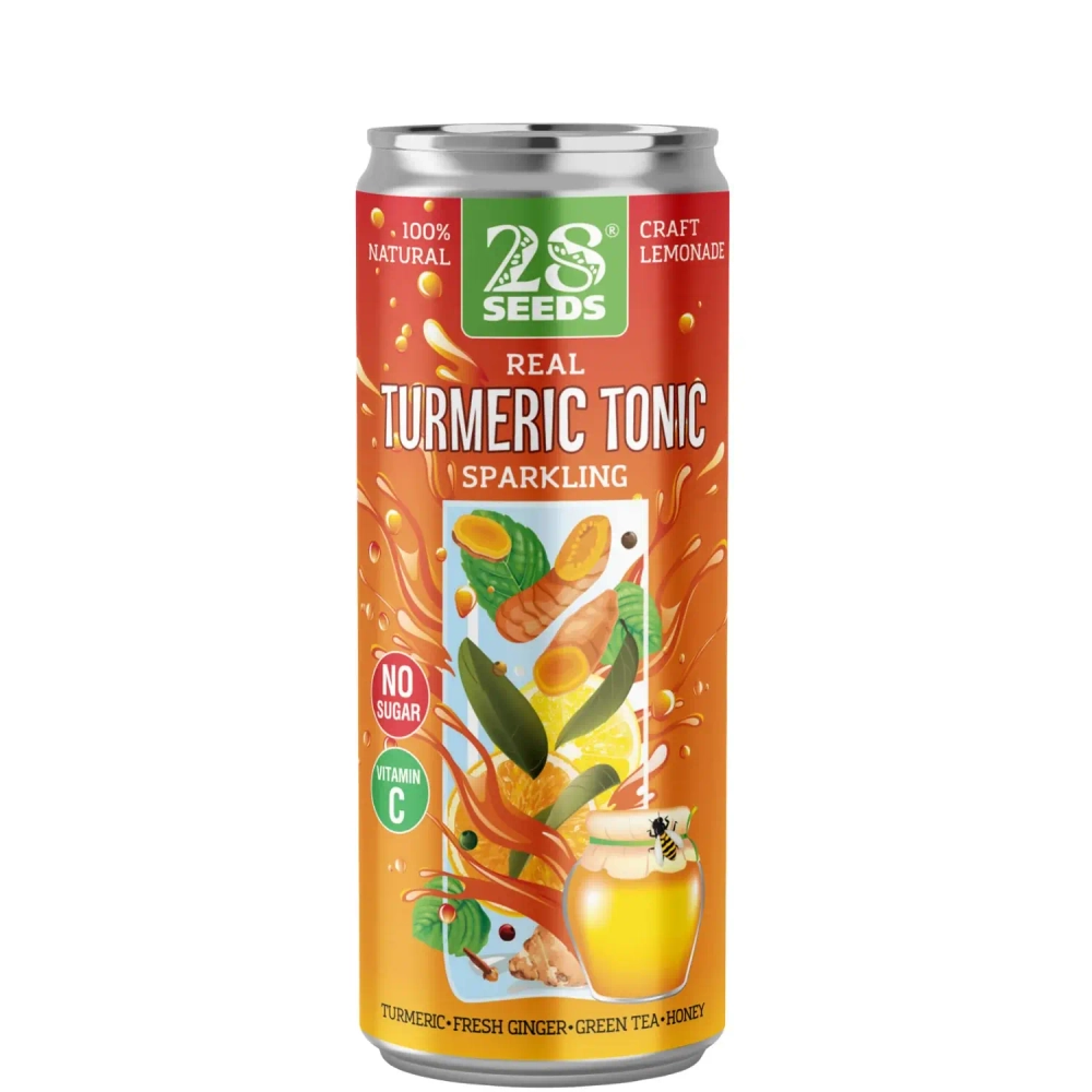 28SEEDS Real TURMERIC TONIC (Куркуминный тоник) 330 мл — жестяная банка куркуминного тоника, вид спереди
