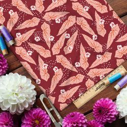 Ткань муслин коралловый лотос на красном фоне