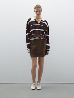 Massimo Dutti Свитер в полоску с воротником поло, шоколадный