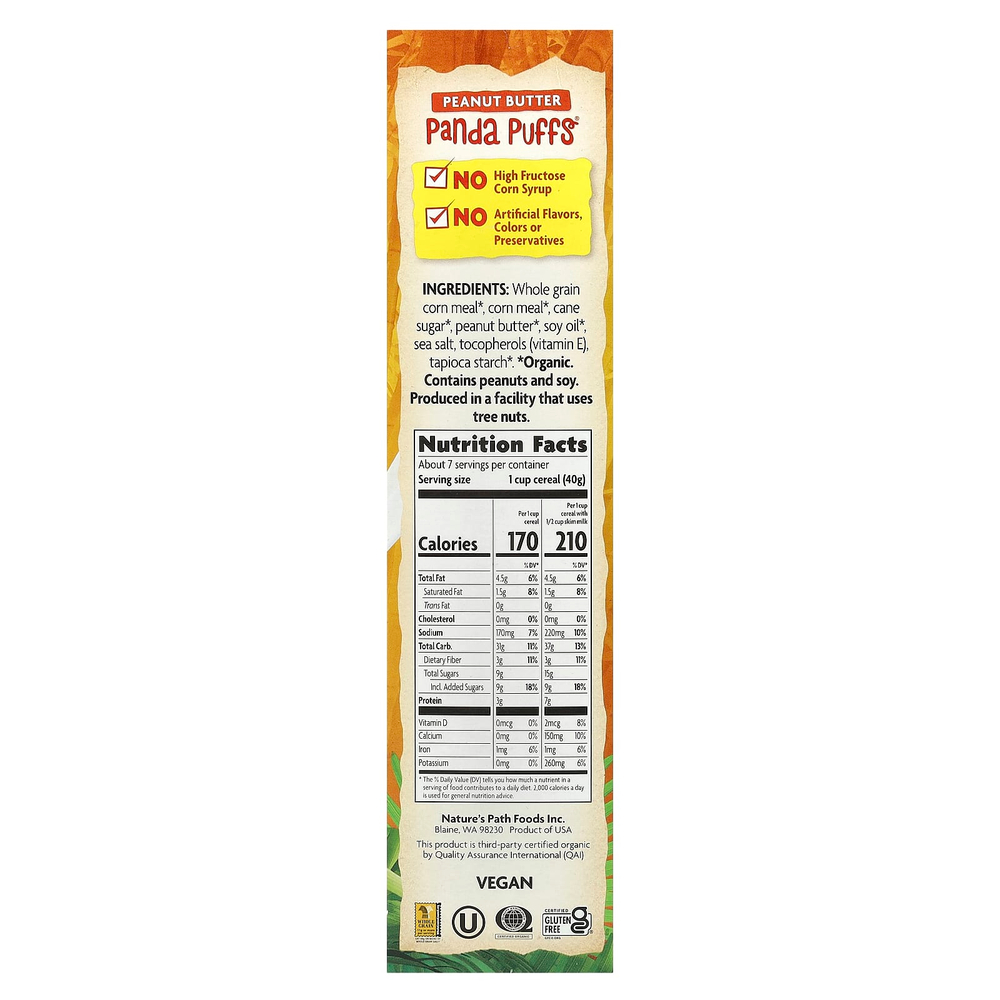 Nature's Path, EnviroKidz, органические хлопья Panda Puffs®, арахисовая паста, 300 г (10,6 унции)