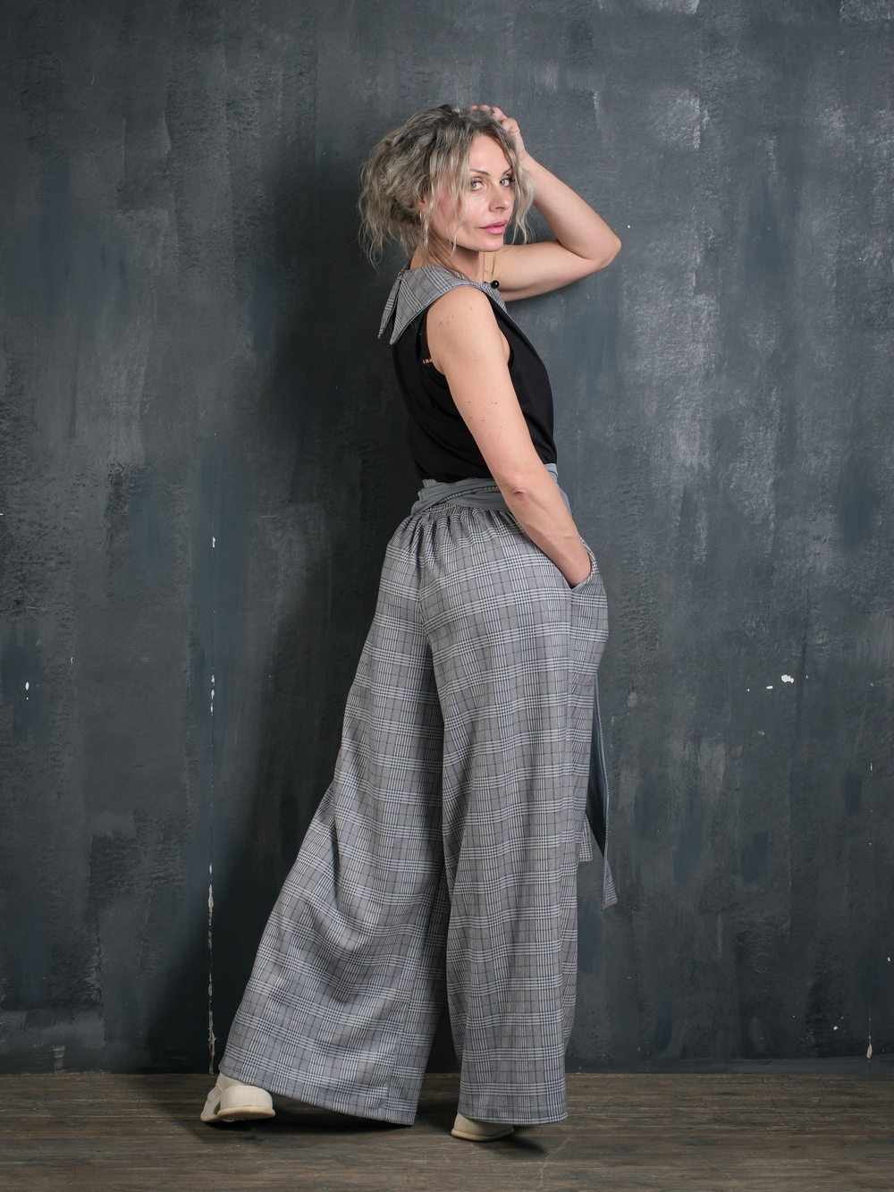 Палаццо  + кушак/ клетка серо-голубой