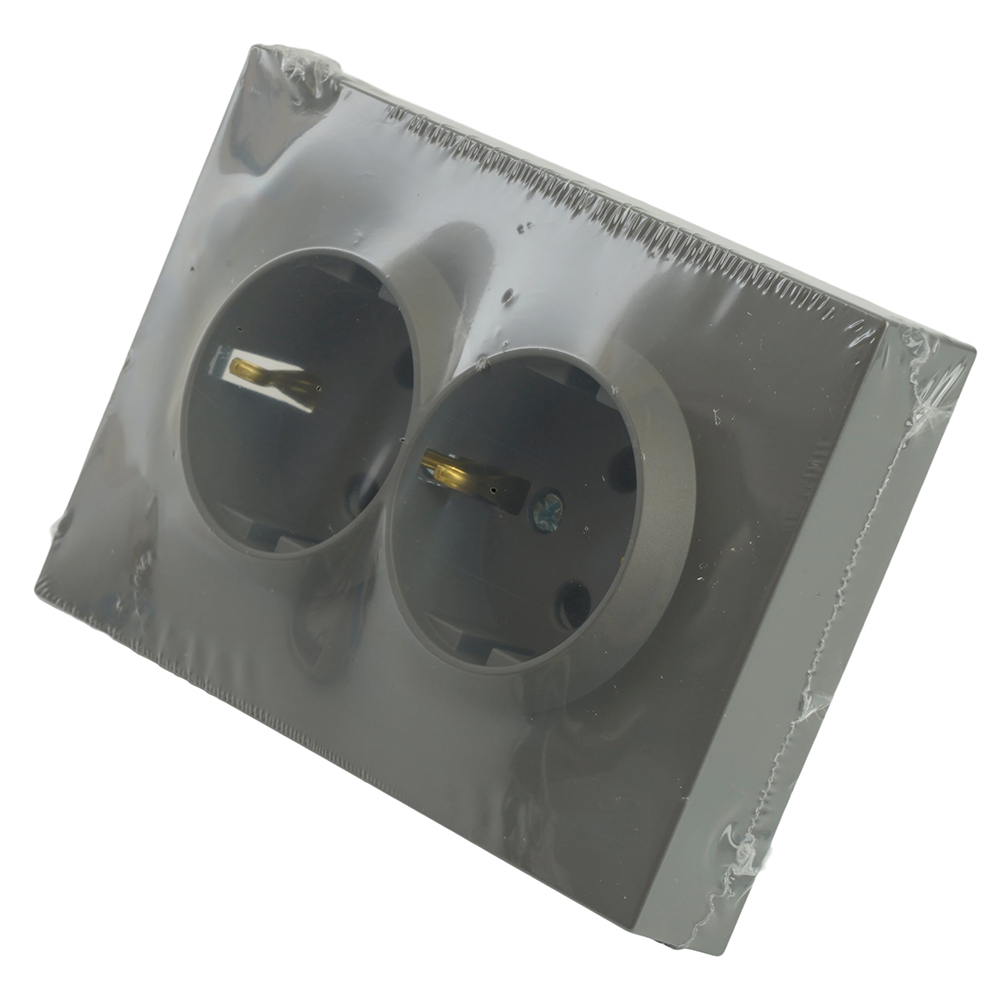 Розетка 2-местная с защитной шторкой, STEKKER, с/з, 250В, 16А, серия Эмили, RST16-5114-10, платиново-серый, soft touch 49960