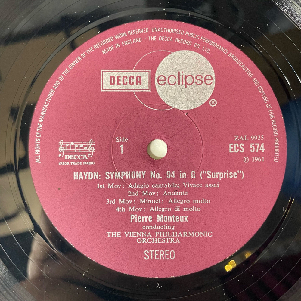 Винтажная виниловая пластинка LP Haydn Гайдн, Vienna Philharmonic Orchestra Symphony No. 94 In G Surprise Symphony No. 101 In D Clock (Англия 1971)