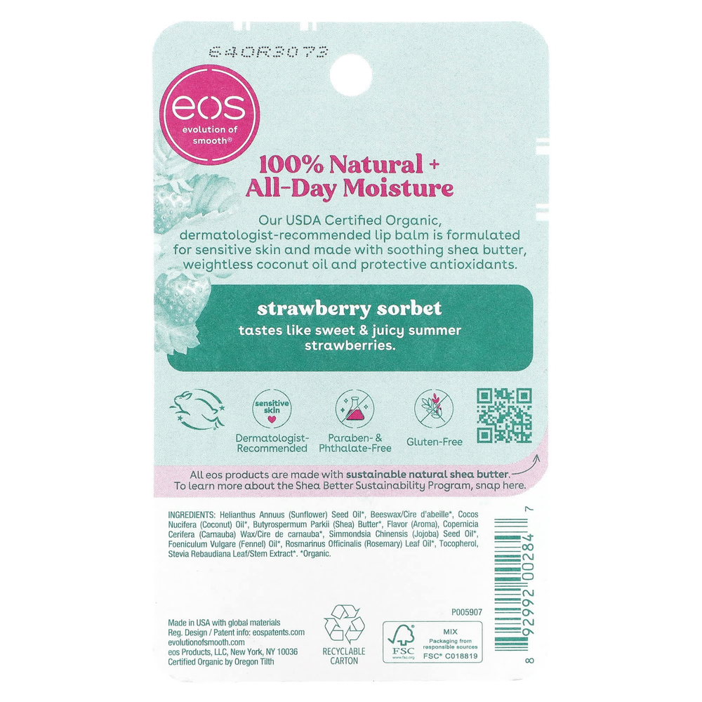 EOS, 100% натуральный органический бальзам для губ, с ароматом клубничного сорбета, 7 г (0,25 унции)