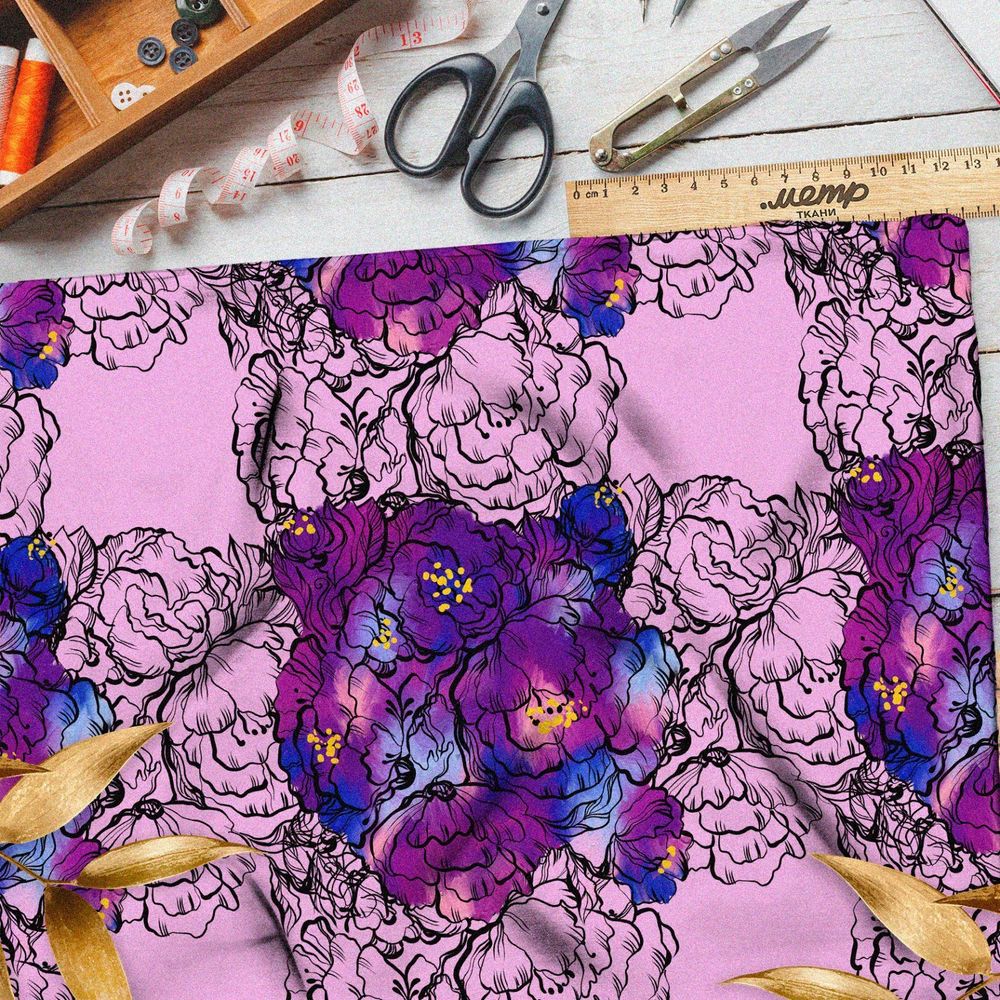 Ткань габардин сине-фиолетовые пёстрые цветы
