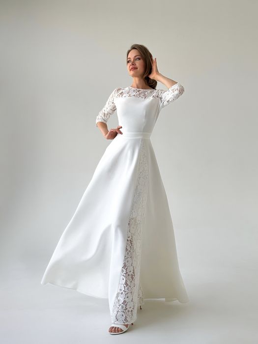 Свадебное платье макси с кружевной вставкой (молочный)