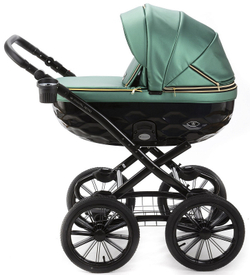Детская коляска Adamex Chantal Retro Deluxe 2 в 1 C105B (ИЗУМРДНАЯ 100% КОЖА-ЗОЛОТЫЕ МОЛНИИ)