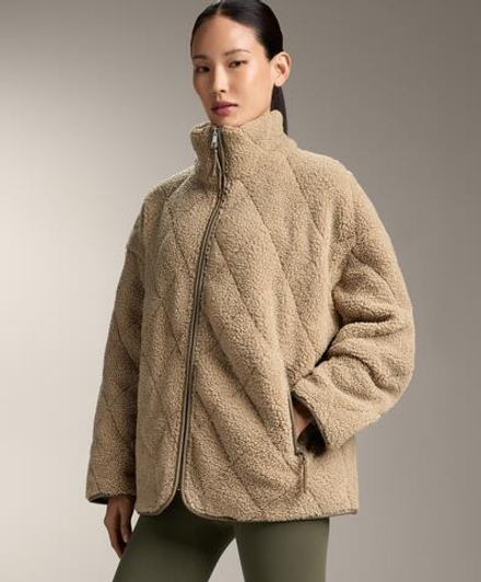 Oysho Стеганая куртка из искусственной овчины в ромбы, бежево-зеленый