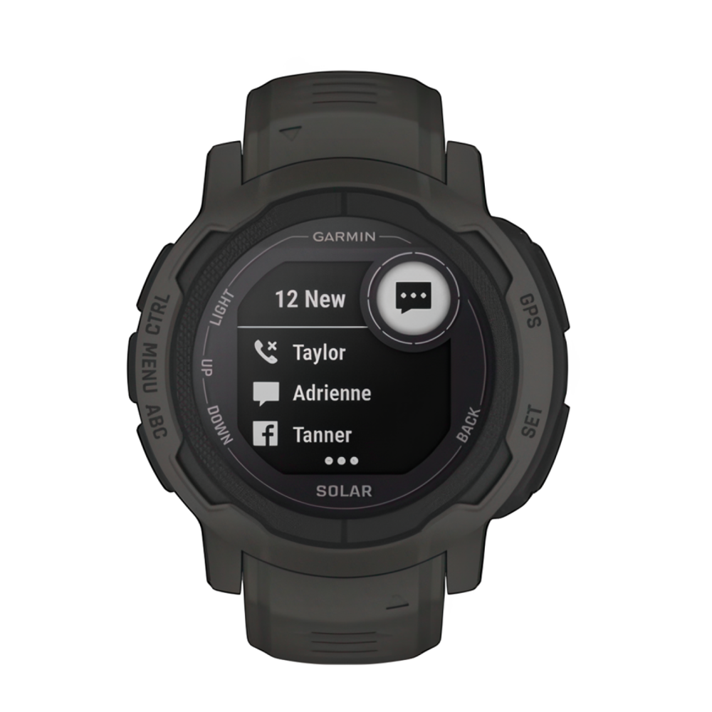 Спортивные часы Garmin Instinct 2 Solar, 45 мм, силиконовый ремешок графитового цвета Дисплей Solar со стеклом Power Glass. Ремешок с классической застёжкой — на запястье обхватом 135–230 мм