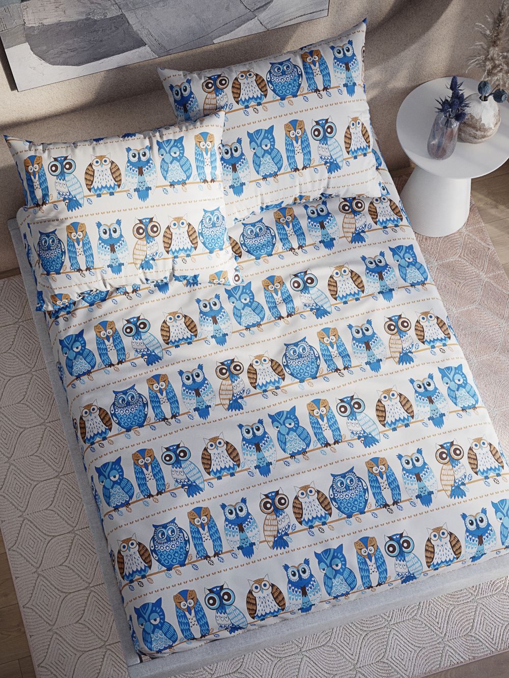 Постельное белье перкаль Сказка "Совушки" 1,5-сп Наволочка 50х70 см 1 шт Простынь 150x215 см Пододеяльник 145x215 см