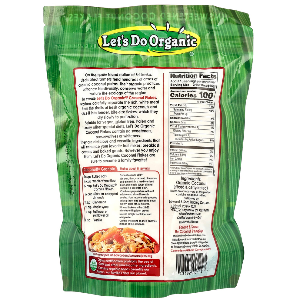Edward & Sons, Let's Do Organic, 100% органические несладкие кокосовые хлопья, 200 г (7 унций)