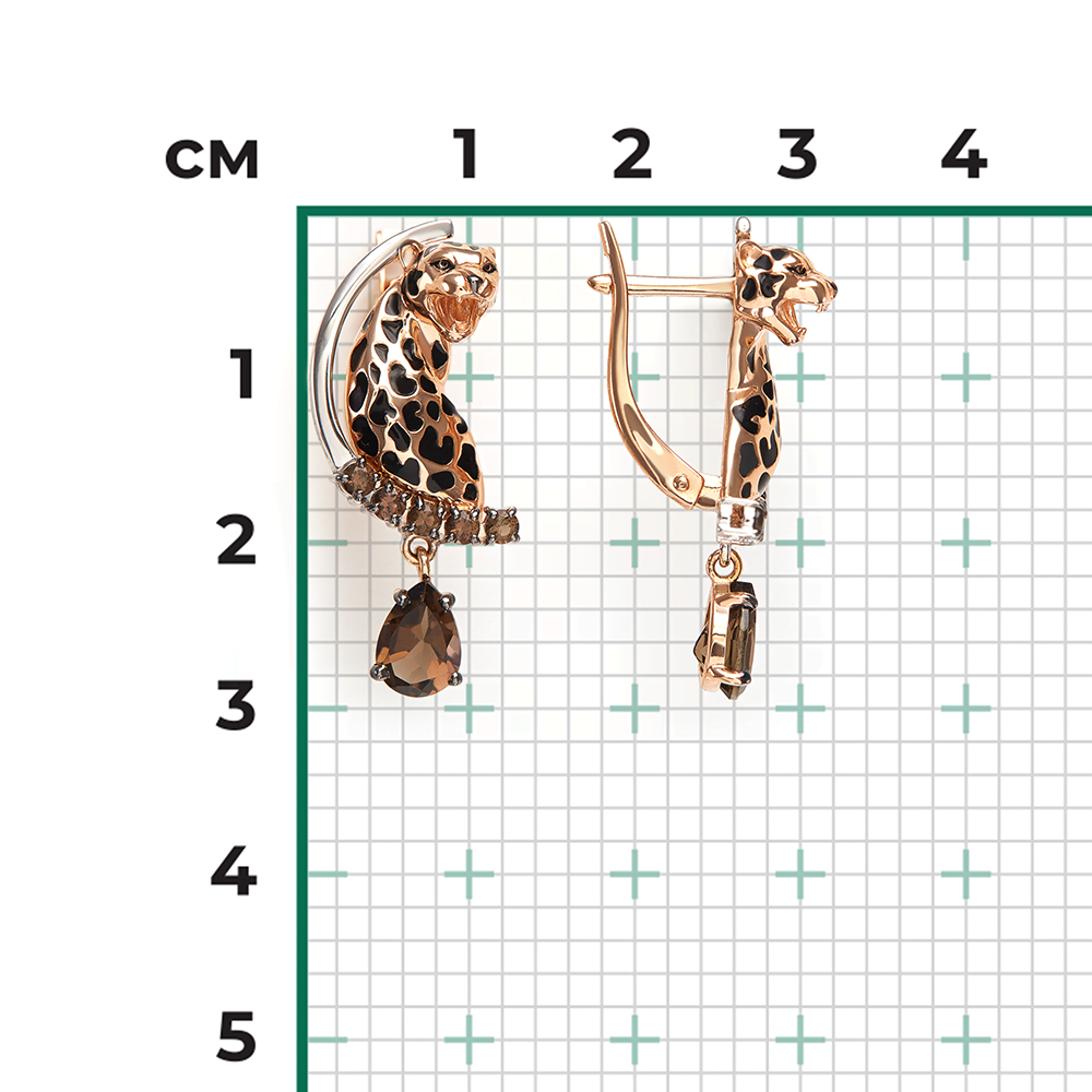 Серьги «Леопарды» с английским замком из комбинированного золота с кварцем дымчатым и эмалью