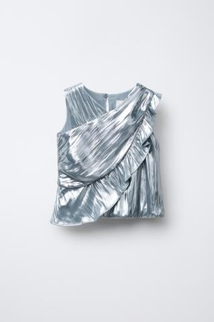 ZARA МЕТАЛЛИЗИРОВАННЫЙ ТОП С ВОЛАНАМИ, СЕРЕБРИСТЫЙ