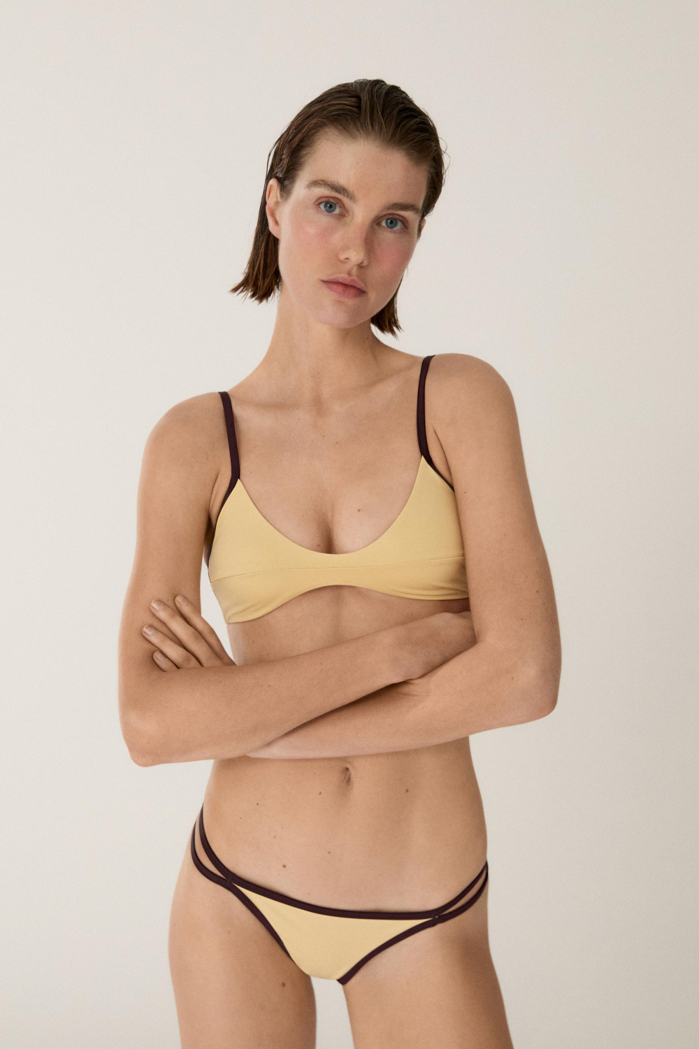 Massimo Dutti Плавки бикини с контрастными деталями, ванильный