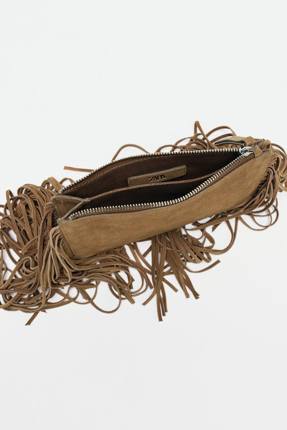 ZARA НЕБОЛЬШАЯ ЗАМШЕВАЯ СУМКА ФОРМАТА С БАХРОМОЙ, КОРИЧНЕВЫЙ
