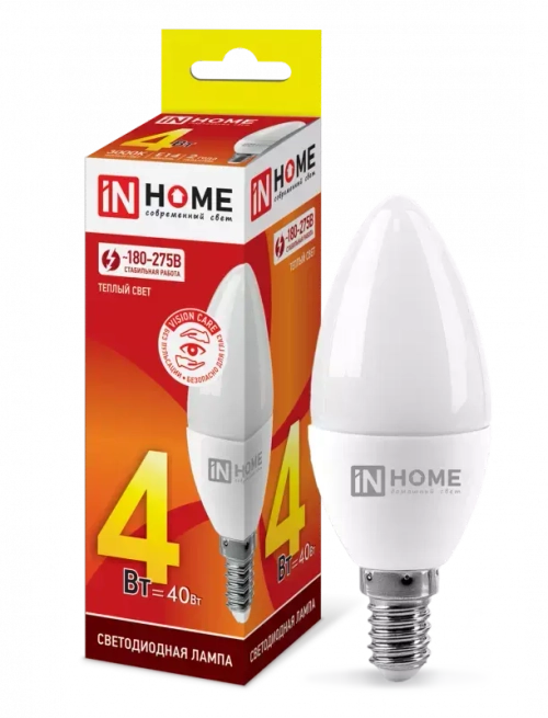 Лампа светодиодная LED-СВЕЧА-VC 4Вт 230В Е14 3000К ТЕПЛЫЙ 360Лм IN HOME