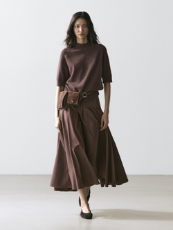 Massimo Dutti Юбка миди с поясом-лентой и декоративными швами, коричневый