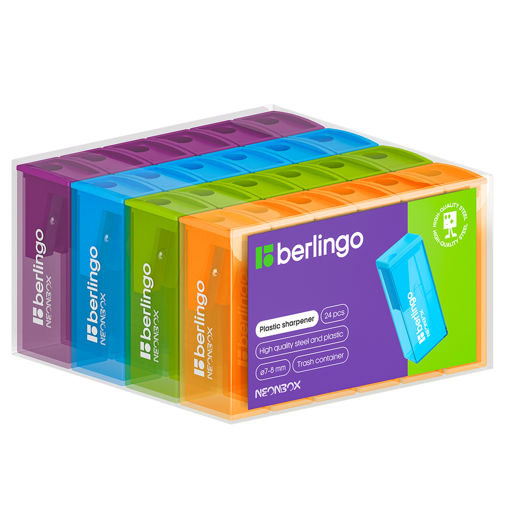 Точилка пластиковая Berlingo "NeonBox" 1 отверстие, контейнер, ассорти