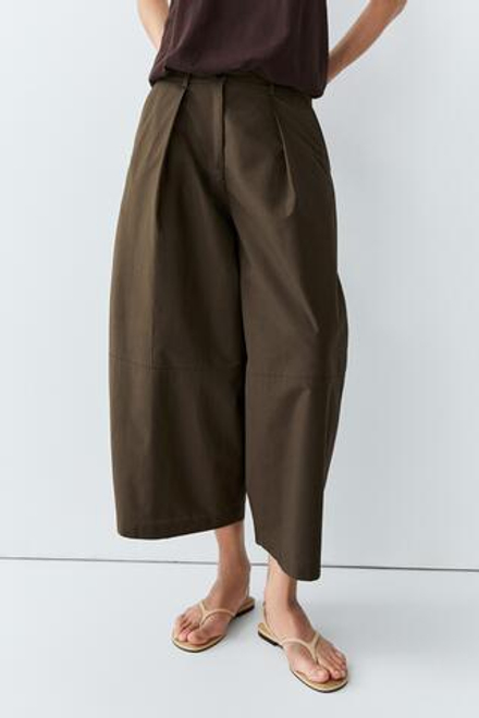 Massimo Dutti Брюки из смесового хлопкового поплина с широкими штанинами, хаки