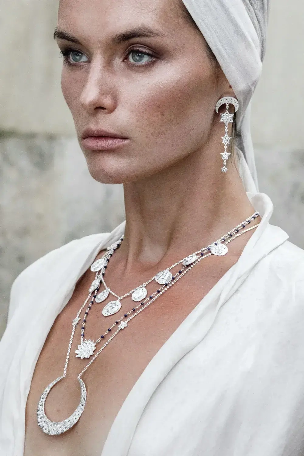 Серьги «Луна и 4 звезды», серебро
