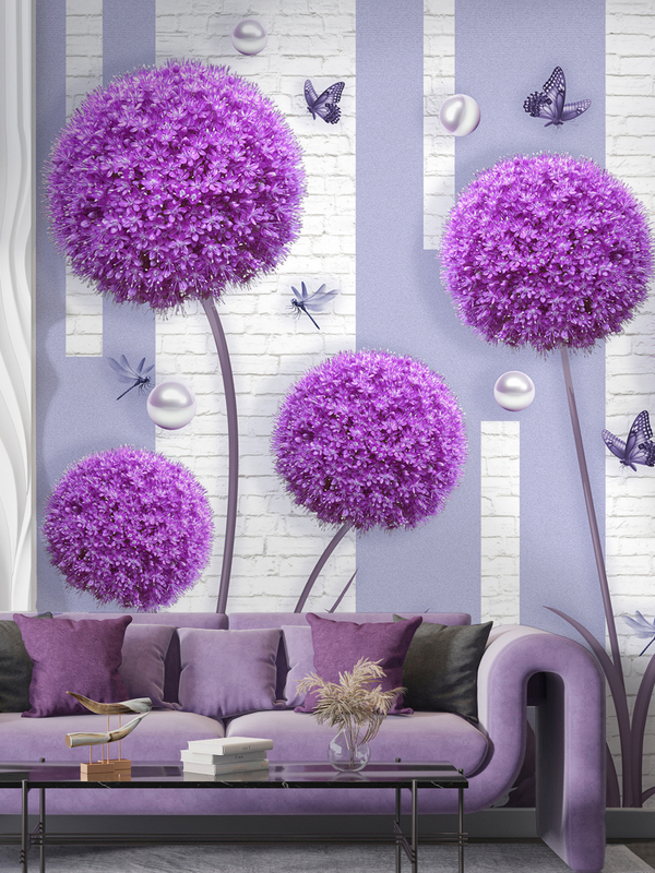 3D Фотообои Розовые одуванчики и белые кирпичи