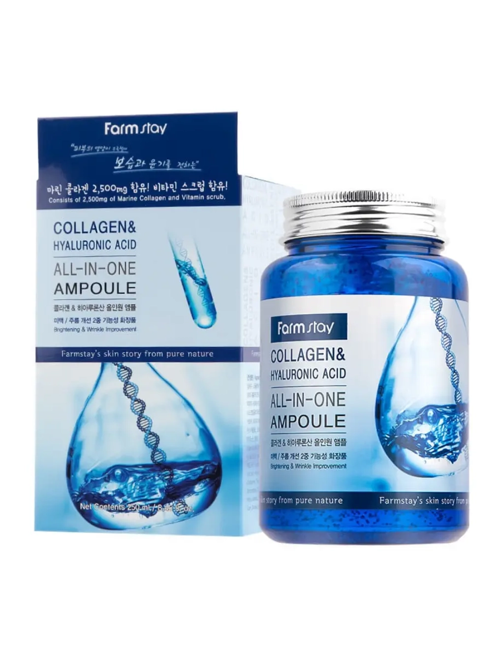 FARMSTAY - СЫВОРОТКА ДЛЯ ЛИЦА АМПУЛЬНАЯ С КОЛЛАГЕНОМ И ГИАЛУРОНОВОЙ КИСЛОТОЙ COLLAGEN & HYALURONIC ACID ALL-IN-ONE AMPOULE, 250 ML