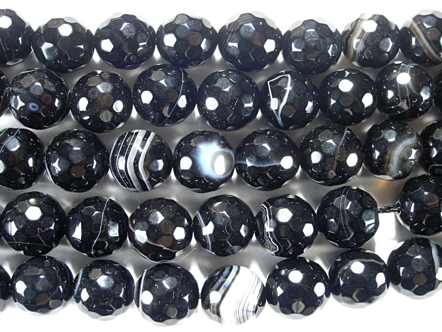 Нить бусин из агата черного, фигурные, 12 мм (шар, граненые)