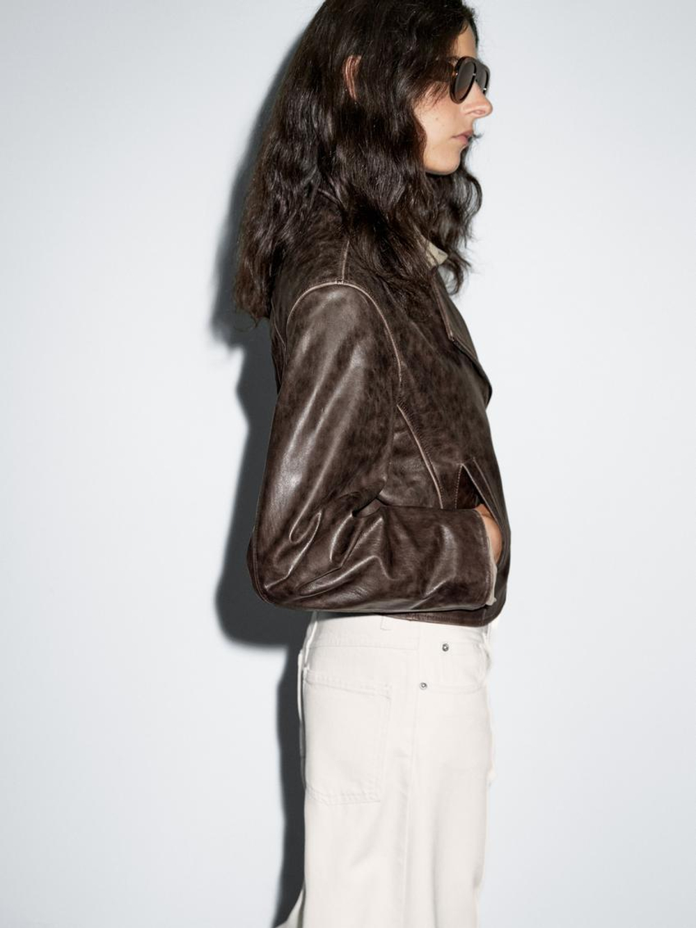 Massimo Dutti Куртка в байкерском стиле из кожи наппа, коричневый