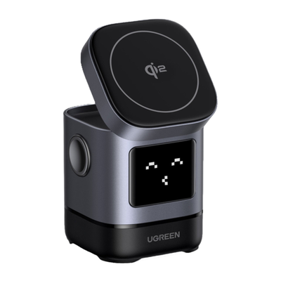 Зарядная станция MagSafe Ugreen Uno для iPhone и AirPods (Qi2) (W709) Беспроводная зарядка: Qi 15 Вт, Qi 5 Вт. Проводная зарядка: USB-C (5 Вт). Сертификация Qi2. Есть дисплей