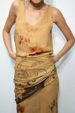 ZARA ПЛАТЬЕ С ПРИНТОМ — ZW COLLECTION, ЦВЕТ ОЛИВКОВОГО МАСЛА