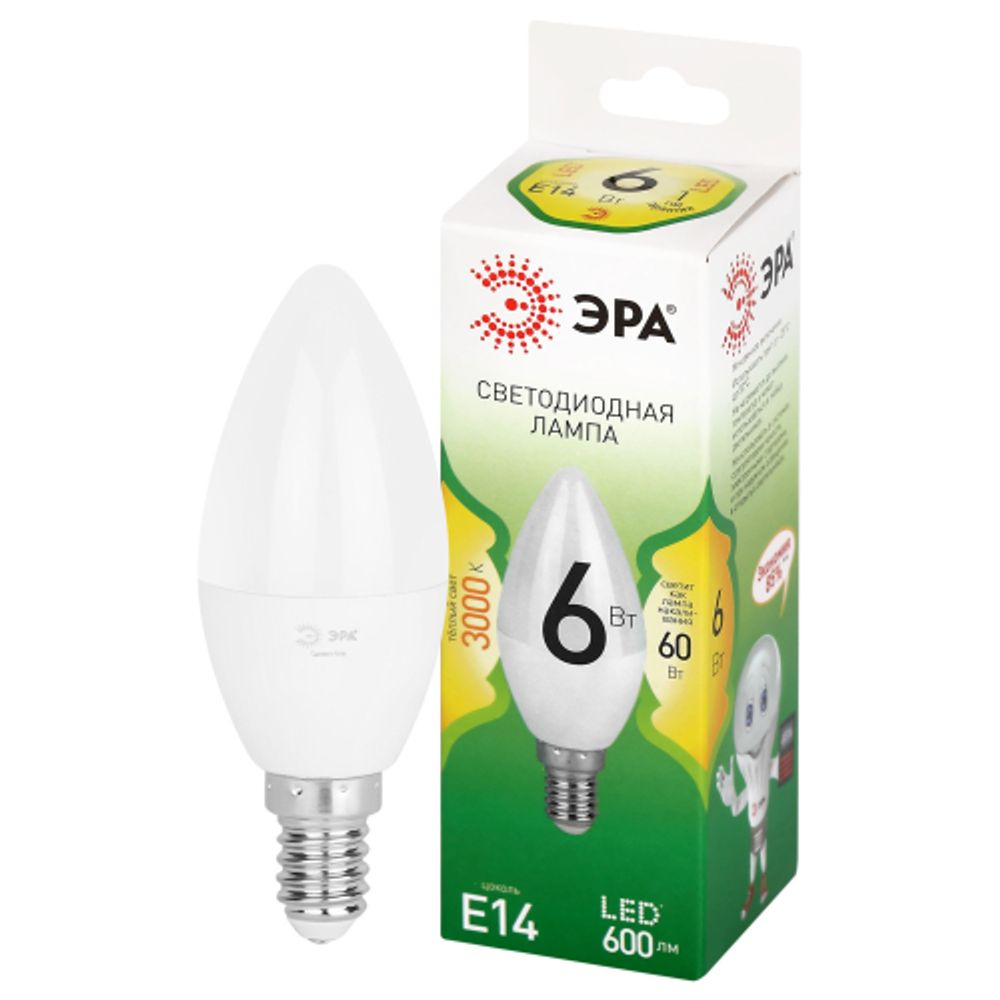Лампа светодиодная ЭРА GREEN LINE LED B35-6W-830-E14 GL 6Вт свеча теплый свет E14 | Лампы cветодиодные Свеча (B/C)