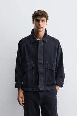 ZARA ДЖИНСОВАЯ КУРТКА С КАРМАНАМИ, МОРСКОЙ ТЕМНО-СИНИЙ