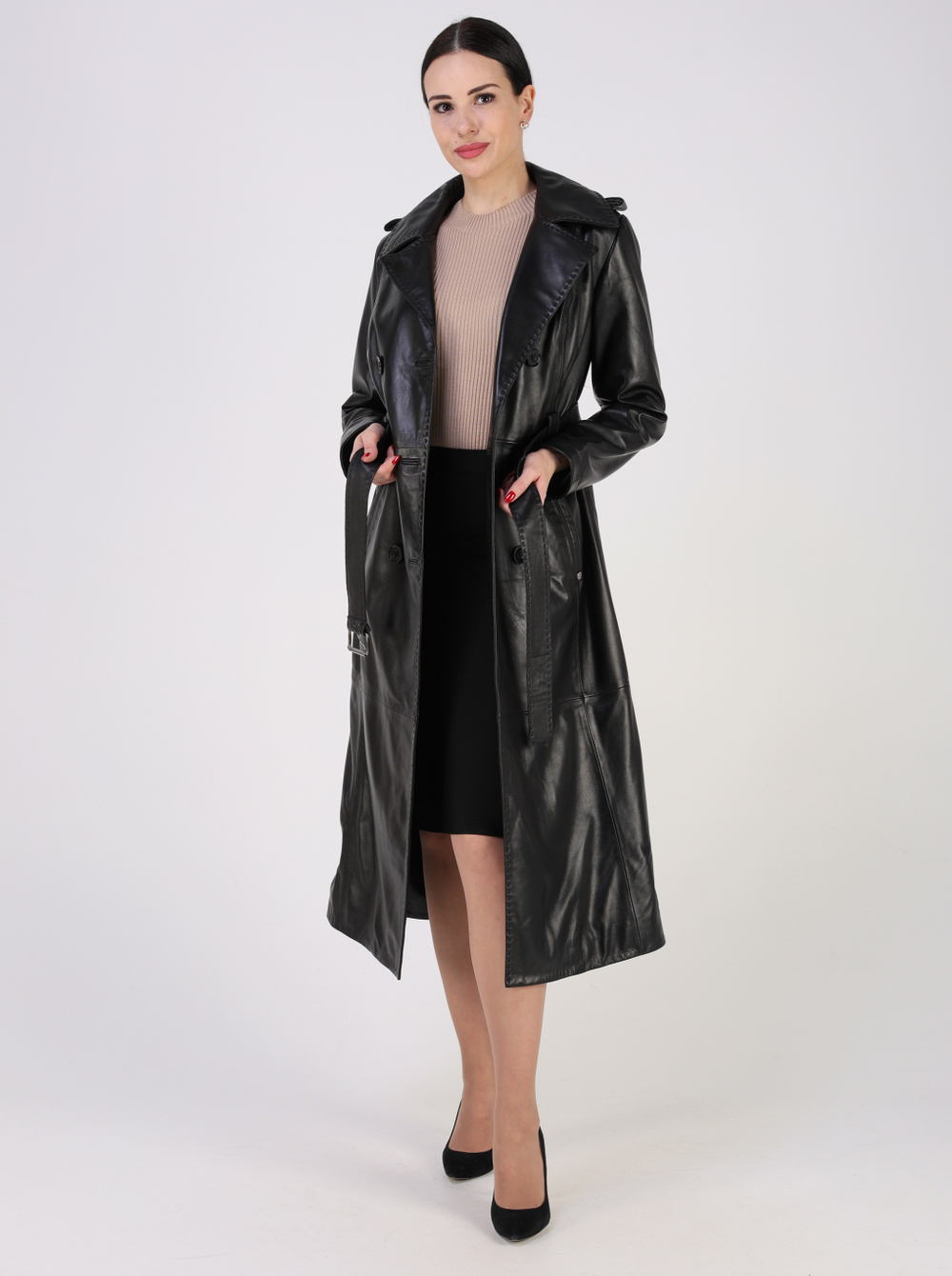 Тренч длинный кожаный с поясом плащ