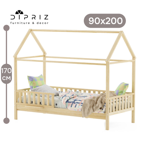 Кровать-домик 90х200 Авила из массива березы с настилом и бортиками, в лаке