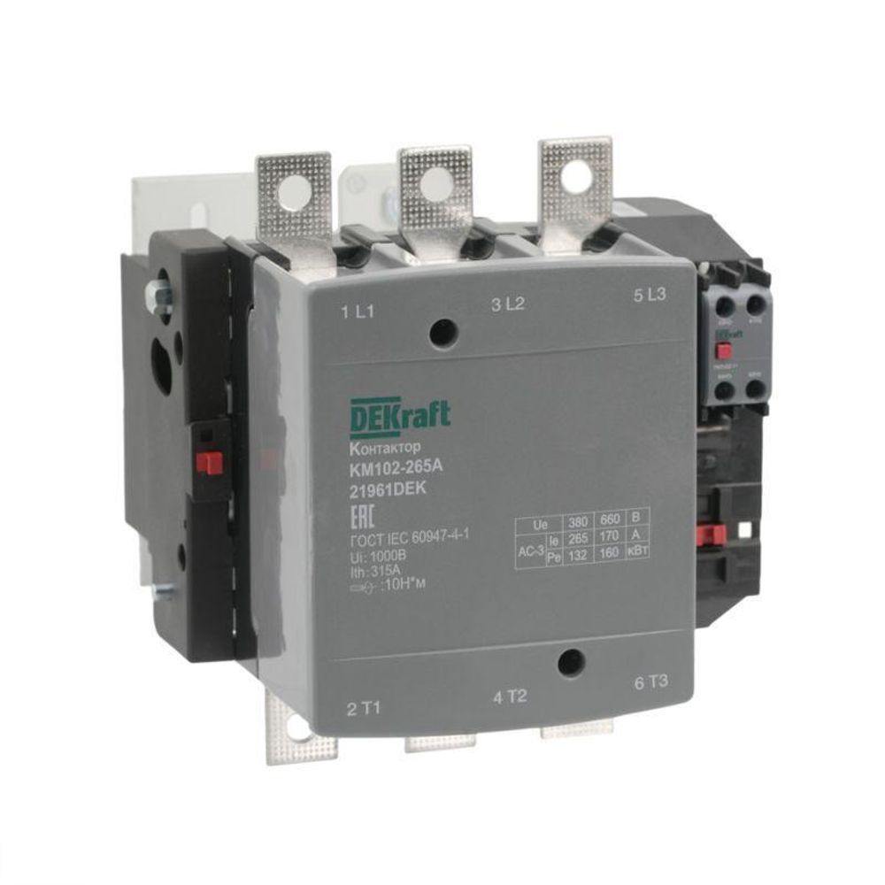Контактор 265А 220В АС АС3 АС4 1НО+1НЗ КМ-102 DEKraft 21961DEK Контактор 265А 220В АС АС3 АС4 1НО+1НЗ КМ-102 DEKraft 21961DEK