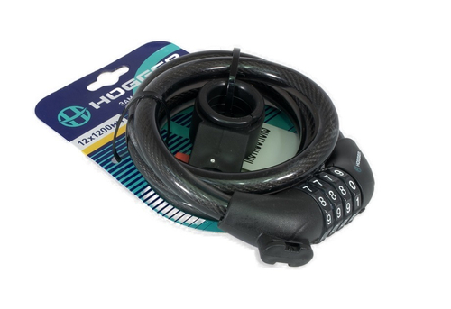 Замок велосипедный HOGGER, трос стальной, код, 12×1200мм, в оболочке, черный