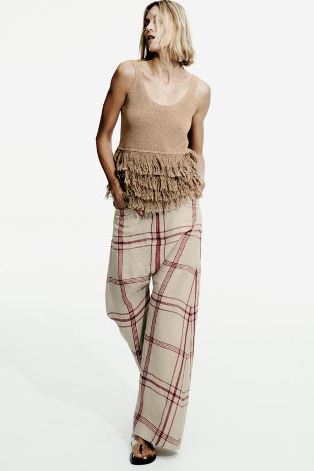 ZARA БРЮКИ БАГГИ ИЗ ЛЬНА В КЛЕТКУ — ZW COLLECTION, ЭКРЮ/КРАСНЫЙ