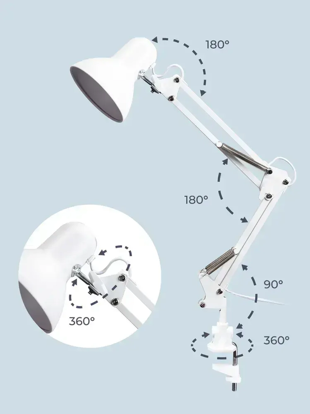 Лампа настольная Homsly с цоколем Е27, крепление струбцина, размер 23х23х12,5, цвет корпуса матовый белый, TTL_003