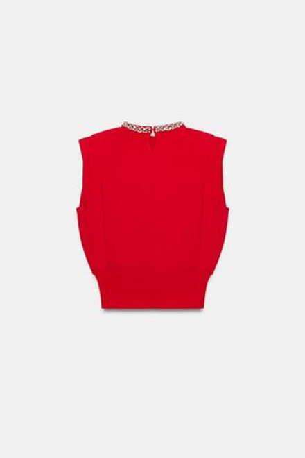 ZARA ТОП С ПОДПЛЕЧНИКАМИ И СТРАЗАМИ НА ВОРОТНИКЕ, КРАСНЫЙ